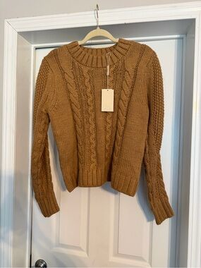 Elie Tahari Camel Cable-Knit Crew Sweater